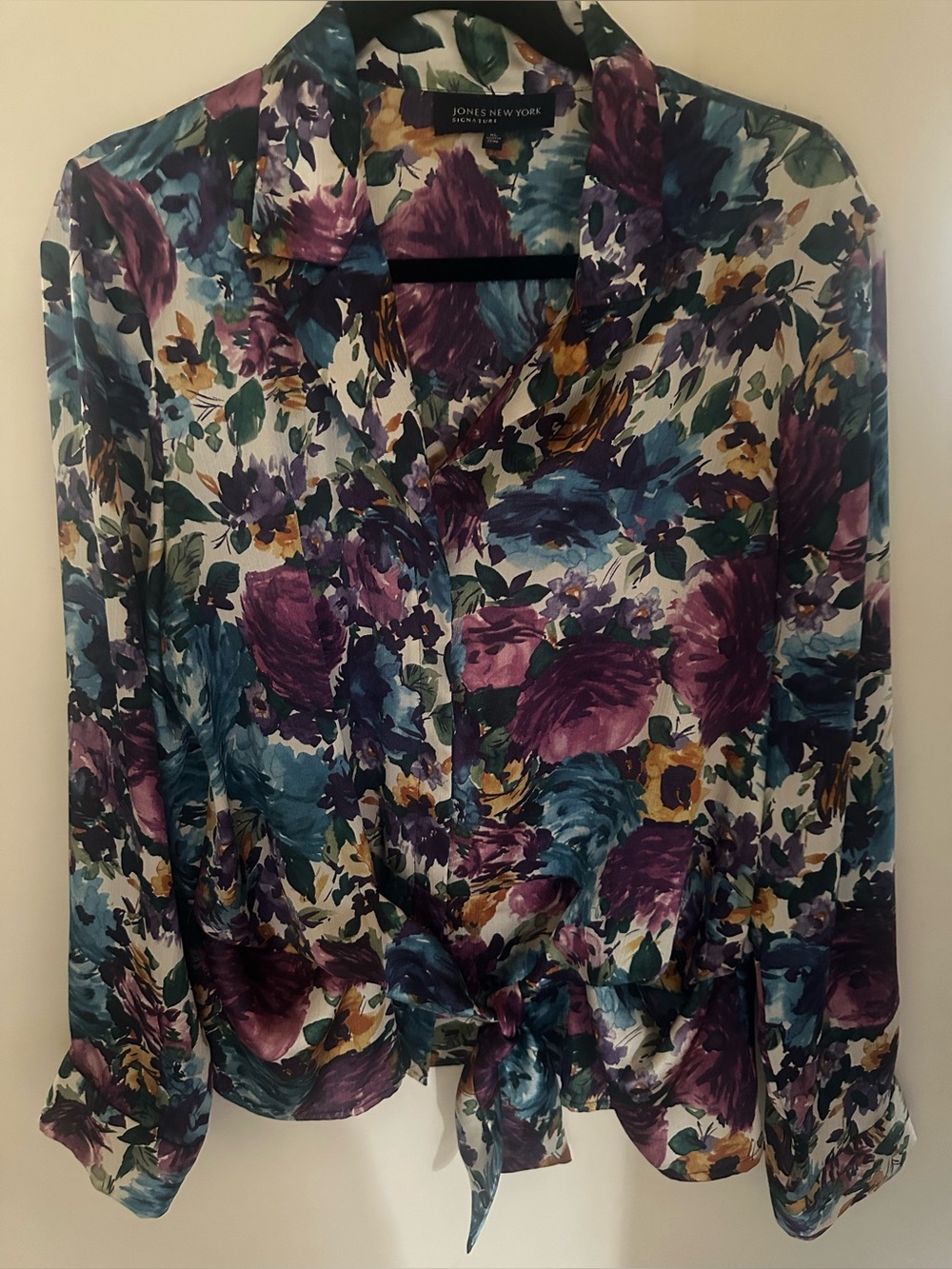 Vintage Jones New York Signature XL Floral Tie Front Blouse Watercolor 90s